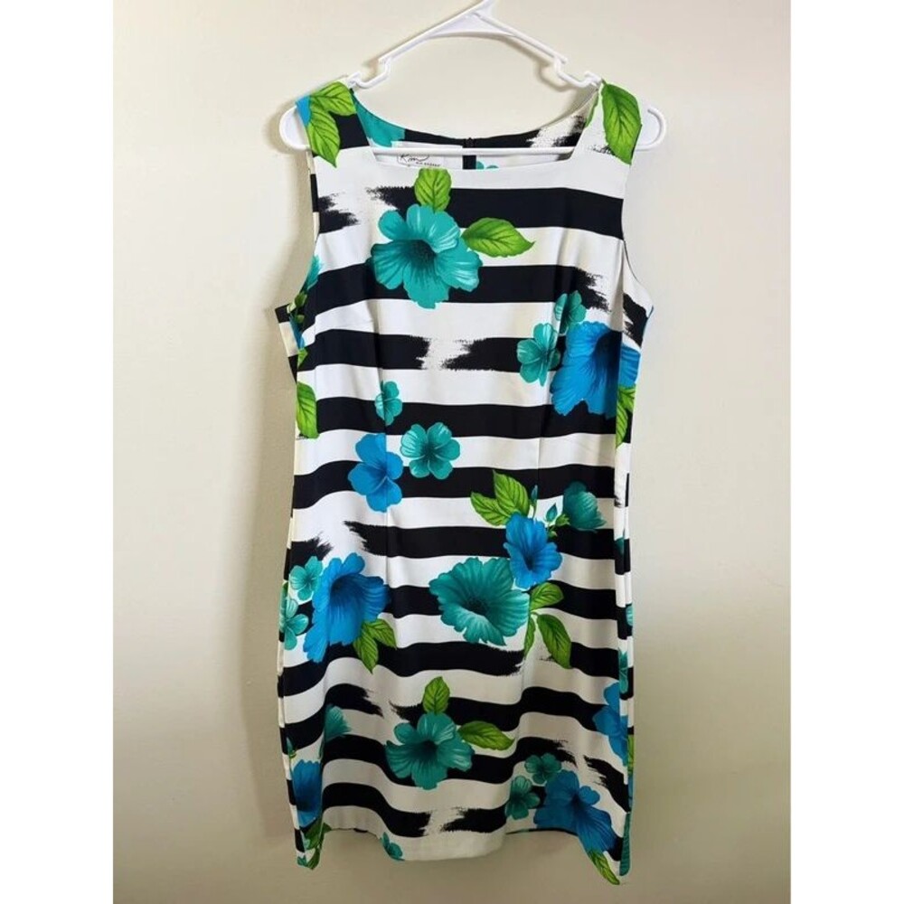 Kim Rogers Floral Striped Dress Women’s 16 Blue Green Black White Sleeveless
